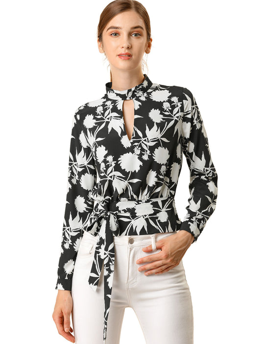 Women's Choker Keyhole Elegant Stand Collar Long Sleeves Tie Smocked Waist Cropped Floral Blouse Top