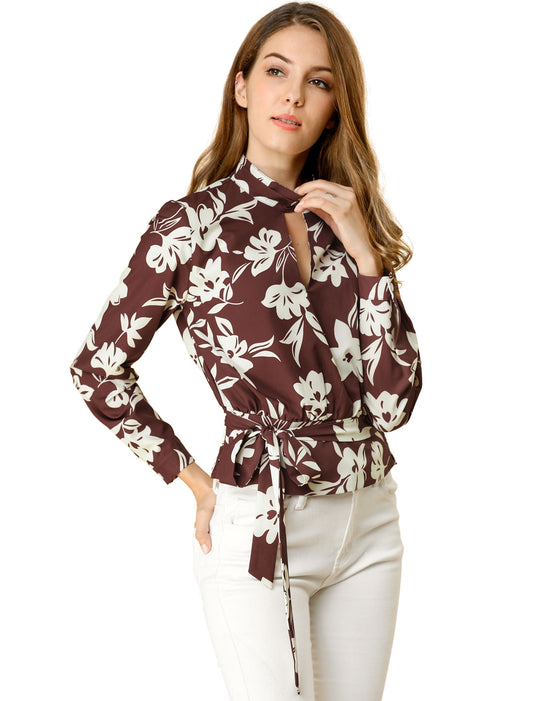 Women's Choker Keyhole Elegant Stand Collar Long Sleeves Tie Smocked Waist Cropped Floral Blouse Top