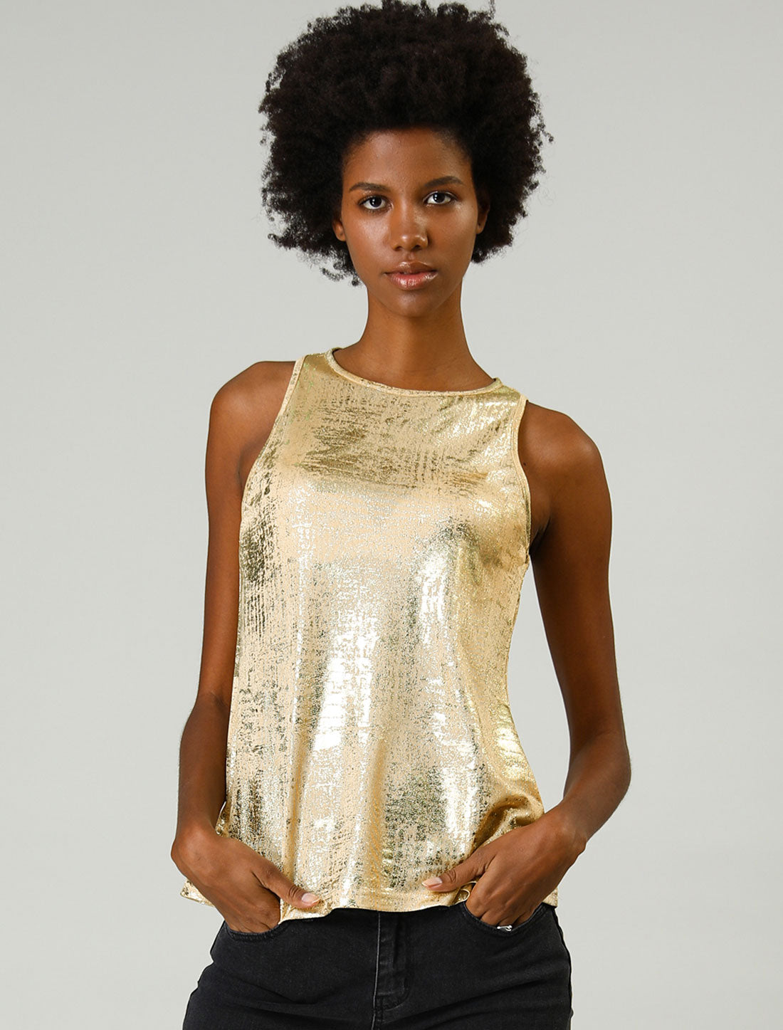 [PACK SALES] Women's 2 Pieces Metallic Crew Neck Sleeveless Cam Tank Top