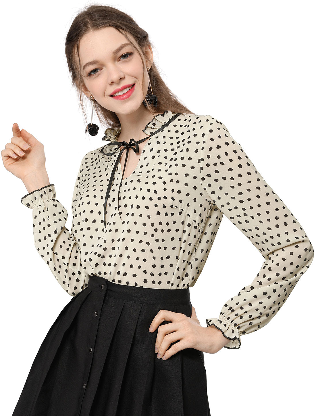 Women's Bow Tie Neck Blouse Ruffled Collar Printed Long Sleeve Top