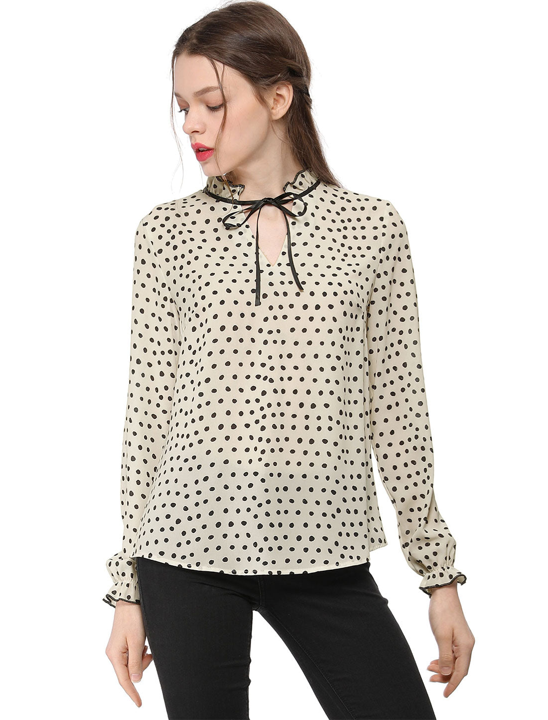 Women's Bow Tie Neck Blouse Ruffled Collar Printed Long Sleeve Top