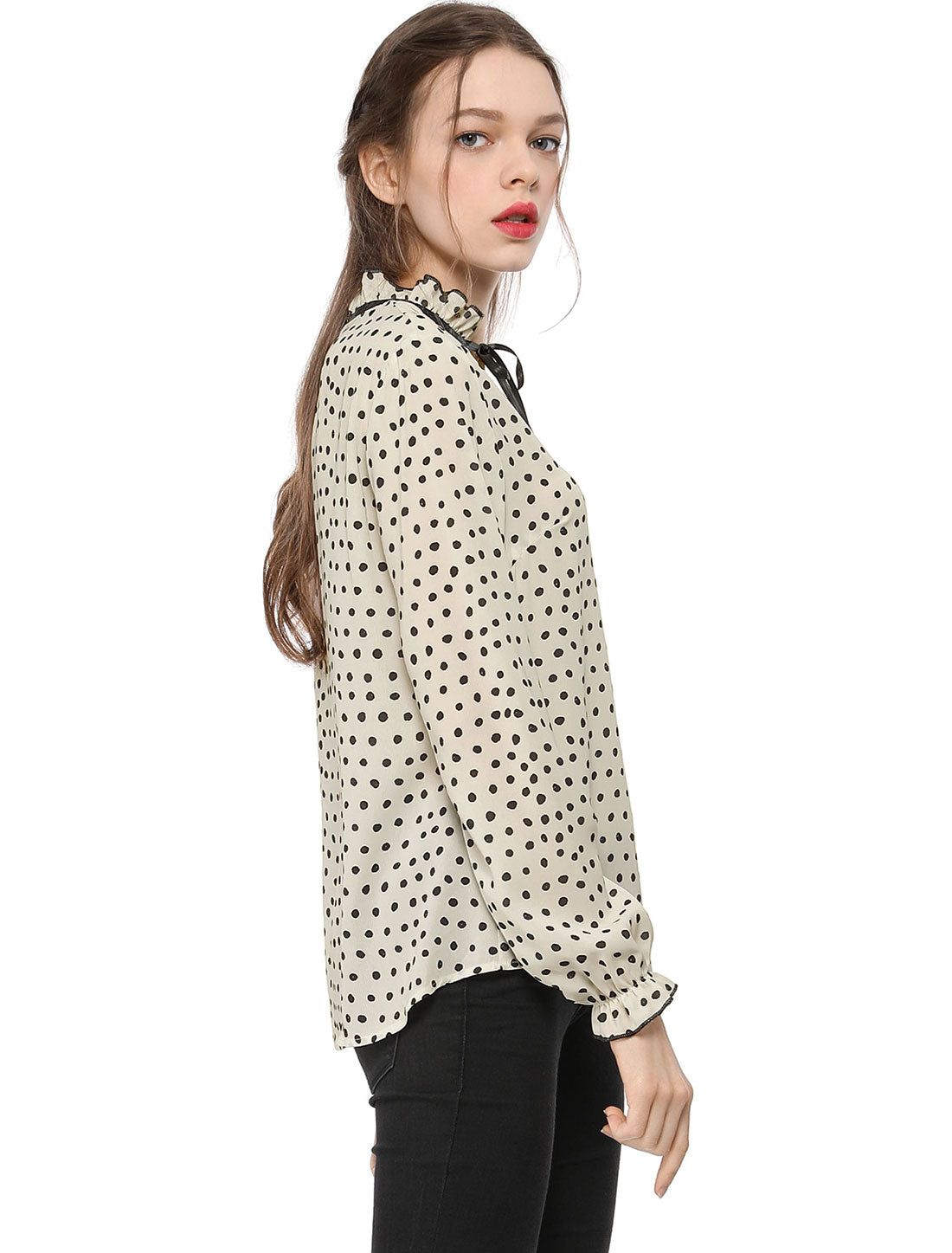 Women's Bow Tie Neck Blouse Ruffled Collar Printed Long Sleeve Top