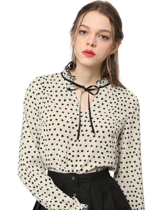 Women's Bow Tie Neck Blouse Ruffled Collar Printed Long Sleeve Top