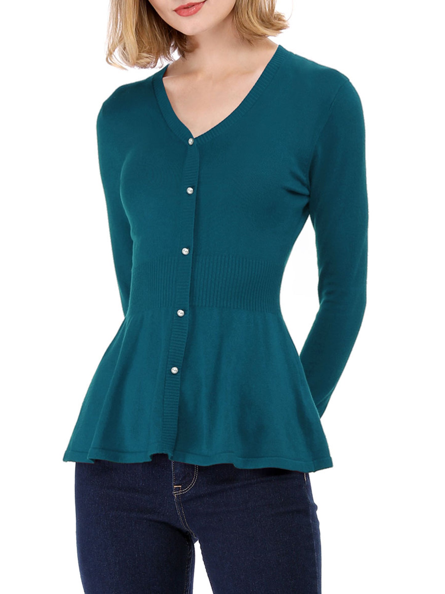 Women's Peplum Sweater V Neck Long Sleeve Knit Cinched Waist tops