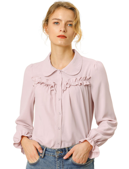 Women's Button Down Ruffle Long Sleeve Peter Pan Collar Work Shirt Top