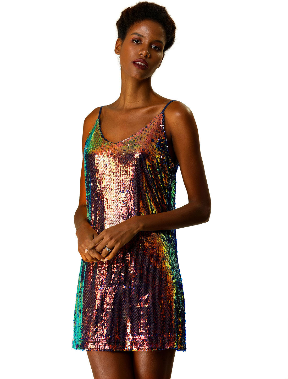 Women's V Neck Spaghetti Strap Glitter Sequin Mini Party Dress (Available in Plus Size)