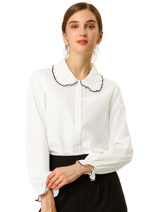 Women's Long Sleeve Sweet Ruffle Peter Pan Collar Button Down Shirt (Available in Plus Size)