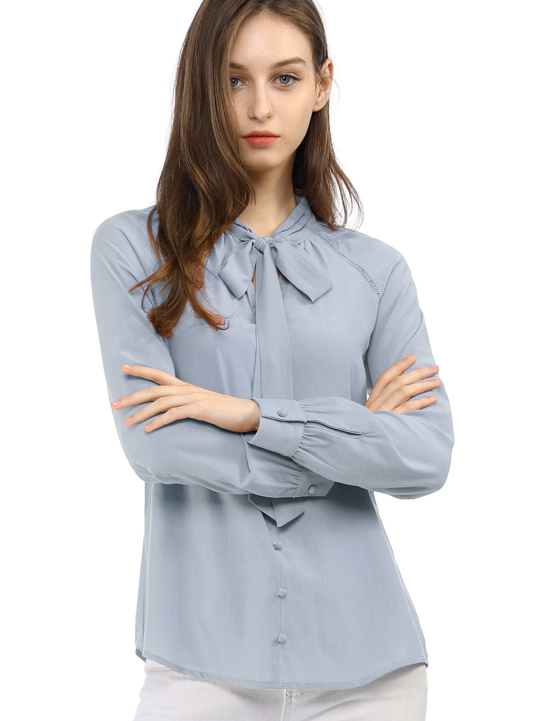 Women's Work Office Tops Bow Tie Neck Button Decor Long Sleeve Shirt Blouse