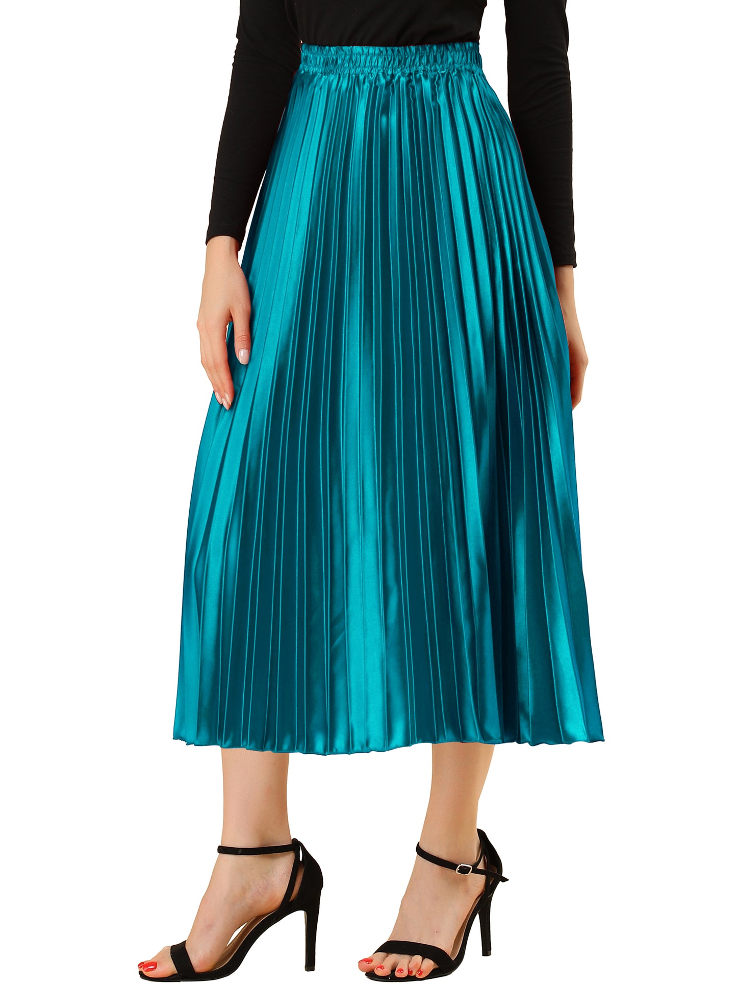 Women's Pleated Elastic Waist Metallic Shiny Accordion Elegant Midi Skirt (Available in Plus Size)