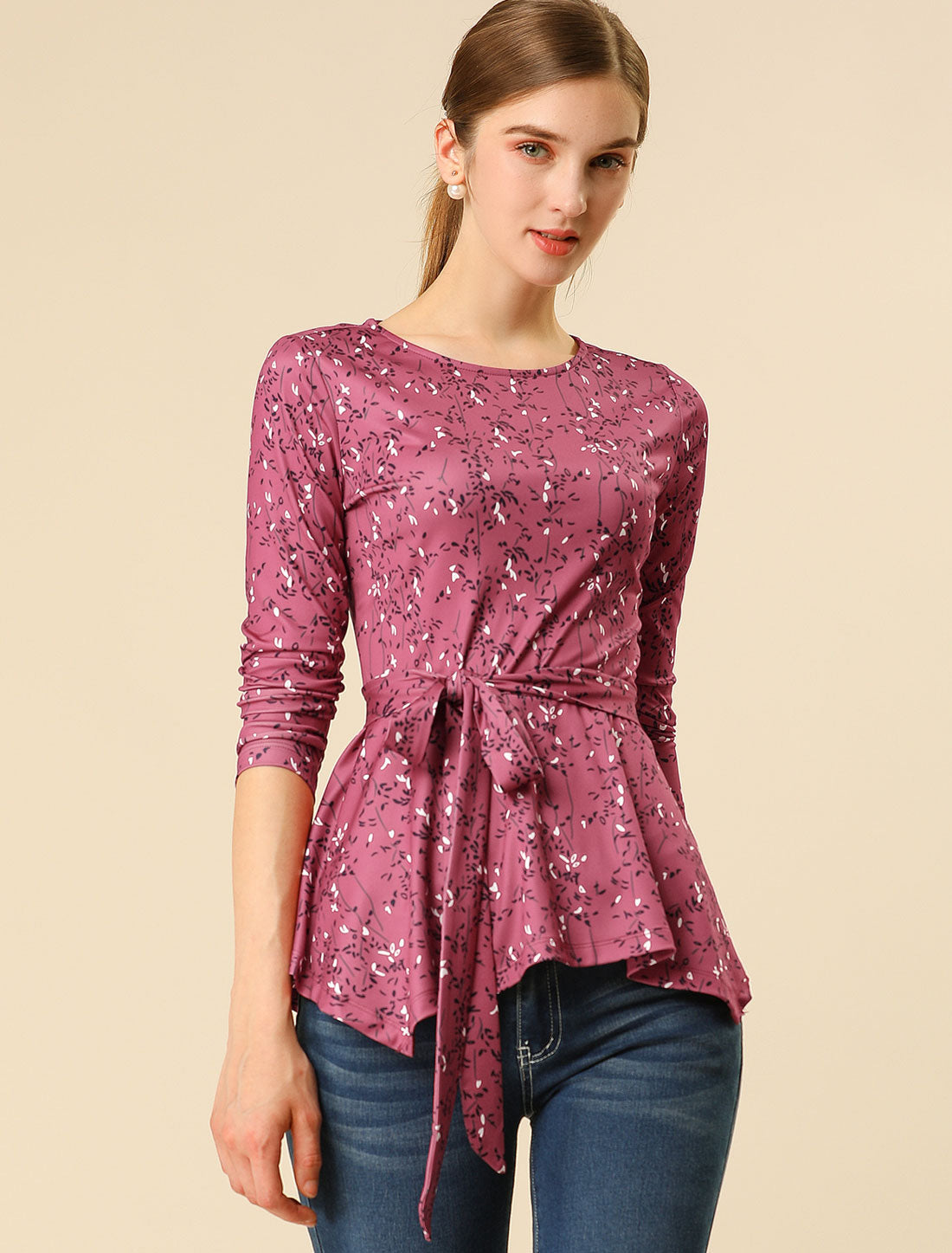Women's Floral Long Sleeve Asymmetrical Ruffle Hem Belted Flare Peplum Top