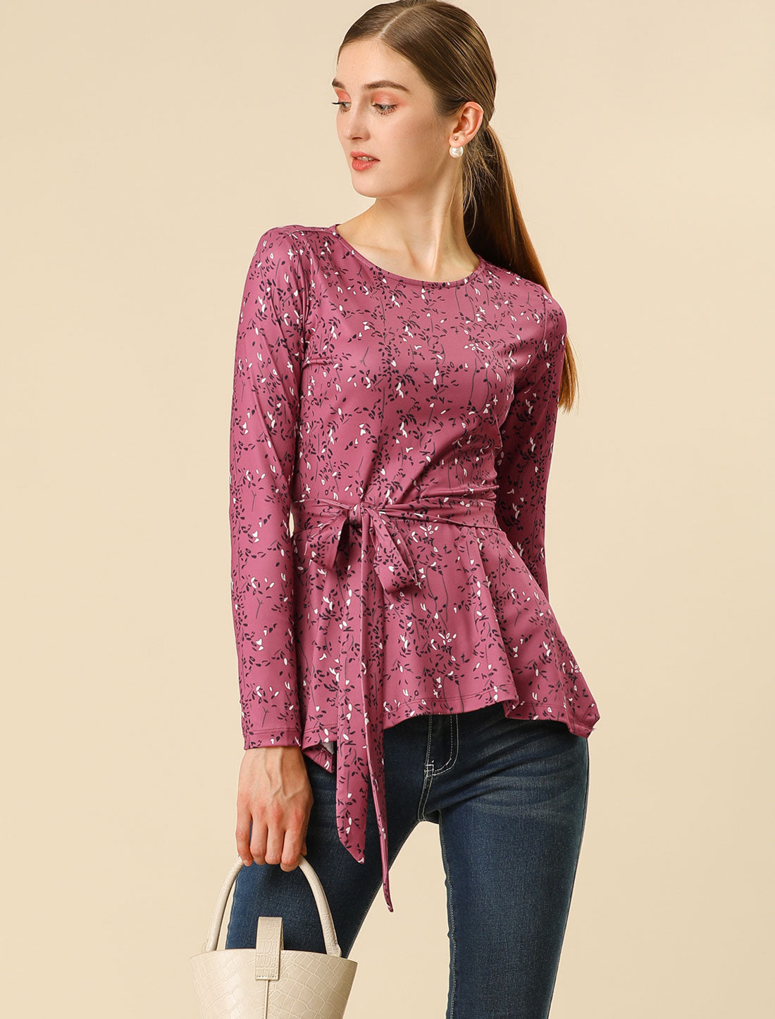 Women's Floral Long Sleeve Asymmetrical Ruffle Hem Belted Flare Peplum Top
