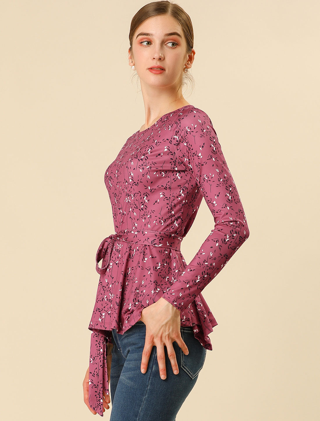 Women's Floral Long Sleeve Asymmetrical Ruffle Hem Belted Flare Peplum Top