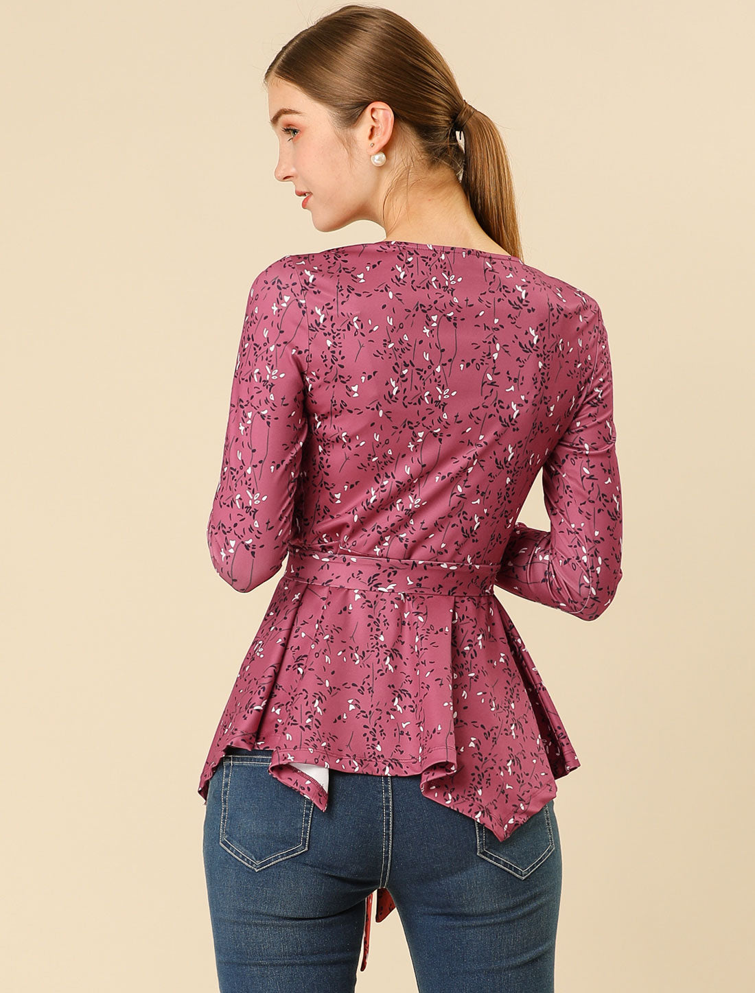 Women's Floral Long Sleeve Asymmetrical Ruffle Hem Belted Flare Peplum Top