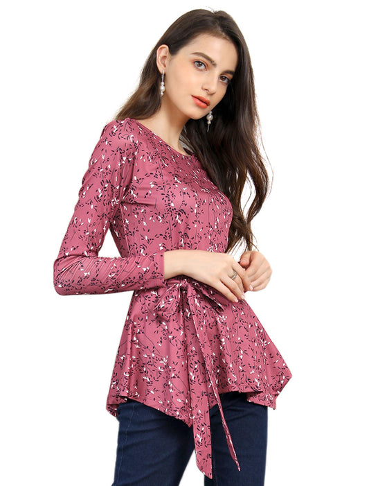 Women's Floral Long Sleeve Asymmetrical Ruffle Hem Belted Flare Peplum Top