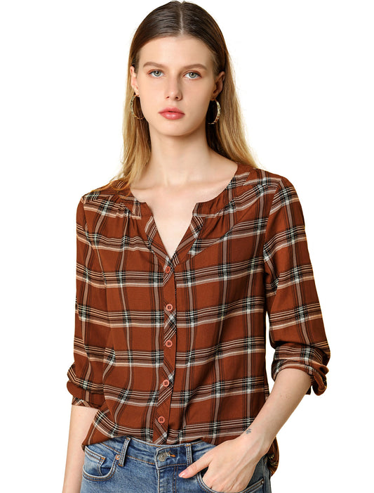 Women's Plaid Shirt Button Up V Neck Long Sleeve Top
