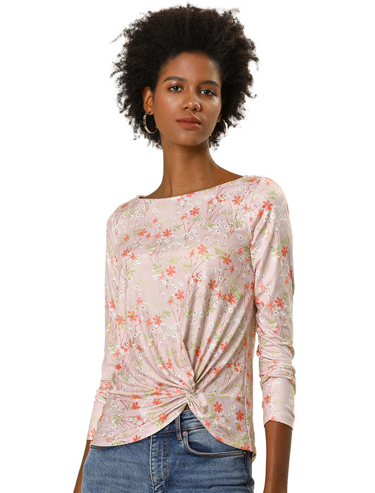 Blusa floral de manga larga con cuello barco, dobladillo asimétrico y torcido para mujer