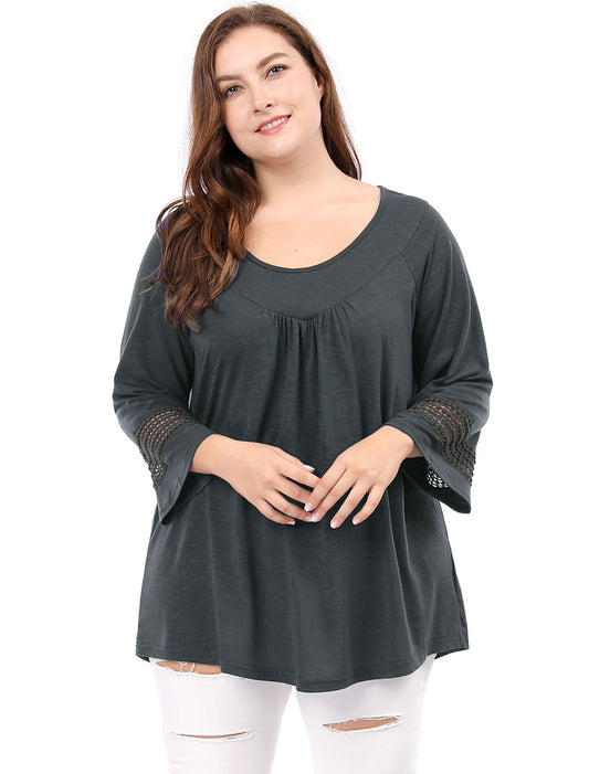 Women's Plus Size Tops Long Sleeve Crochet Panel Hollow Out Pleated Tunics Blouse