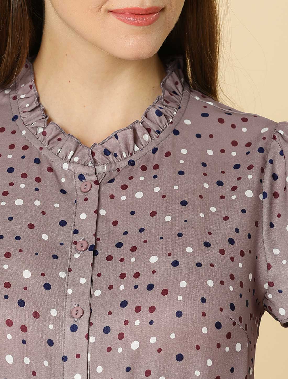 Women's Ruffle Summer Dots Print Retro Short Sleeve Button Down Blouse Top