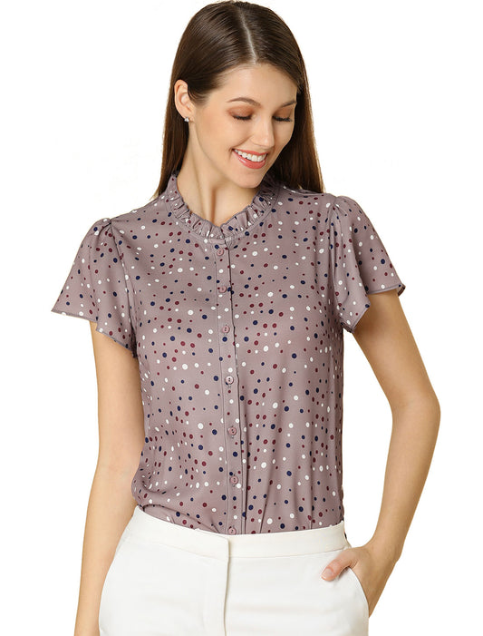 Women's Ruffle Summer Dots Print Retro Short Sleeve Button Down Blouse Top