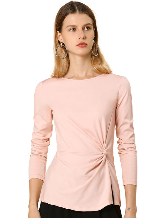 Camiseta fruncida de manga larga con cuello redondo y giro frontal para mujer