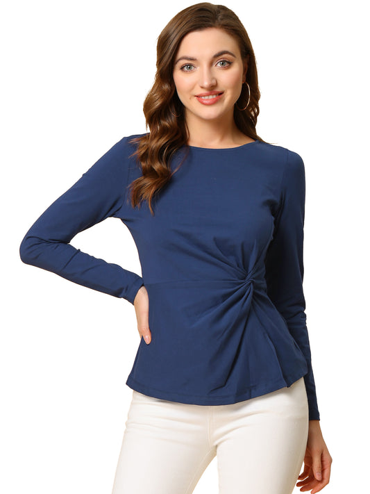 Camiseta fruncida de manga larga con cuello redondo y giro frontal para mujer