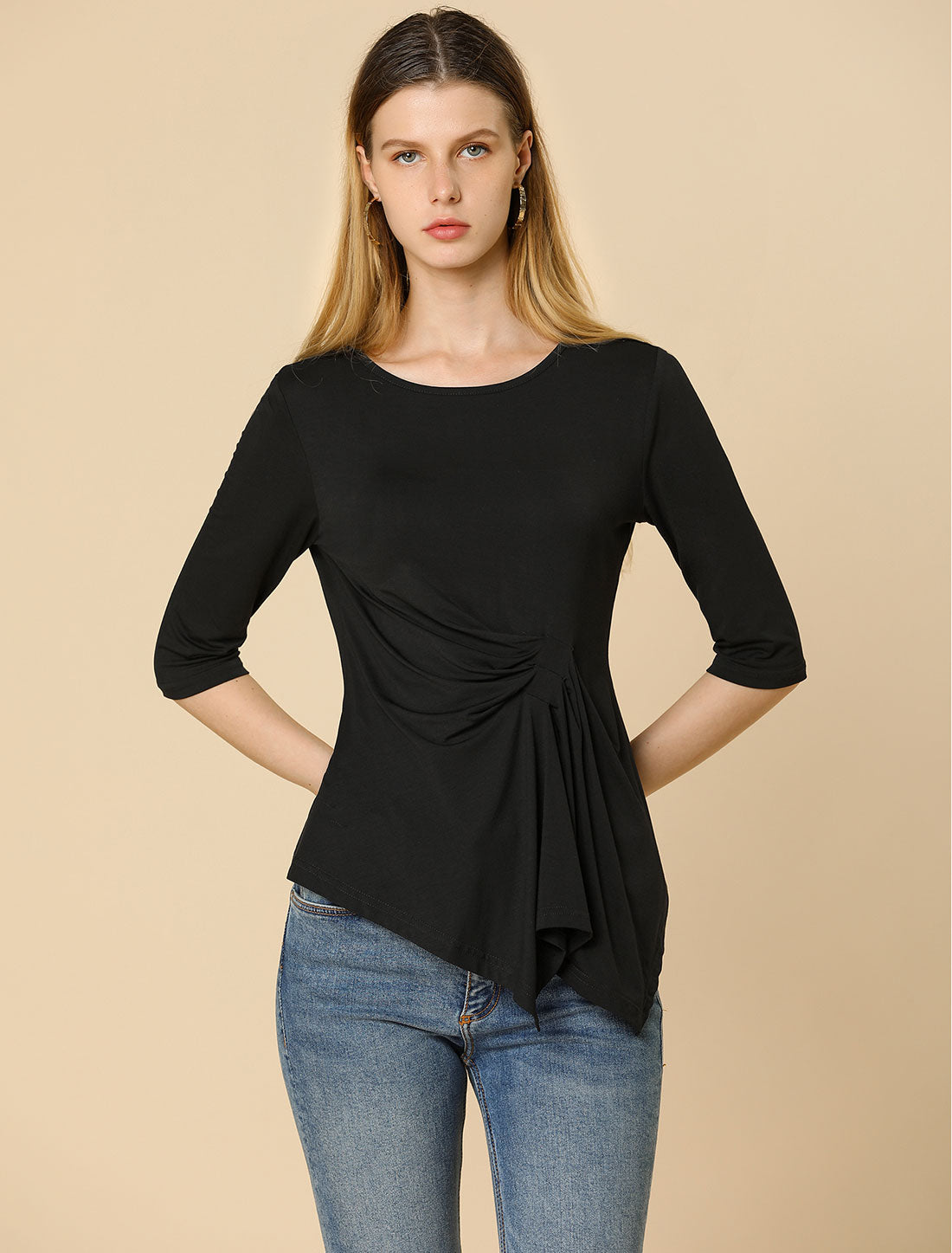 Women's Asymmetrical Round Neck Half Sleeve Fitted Ruched Top