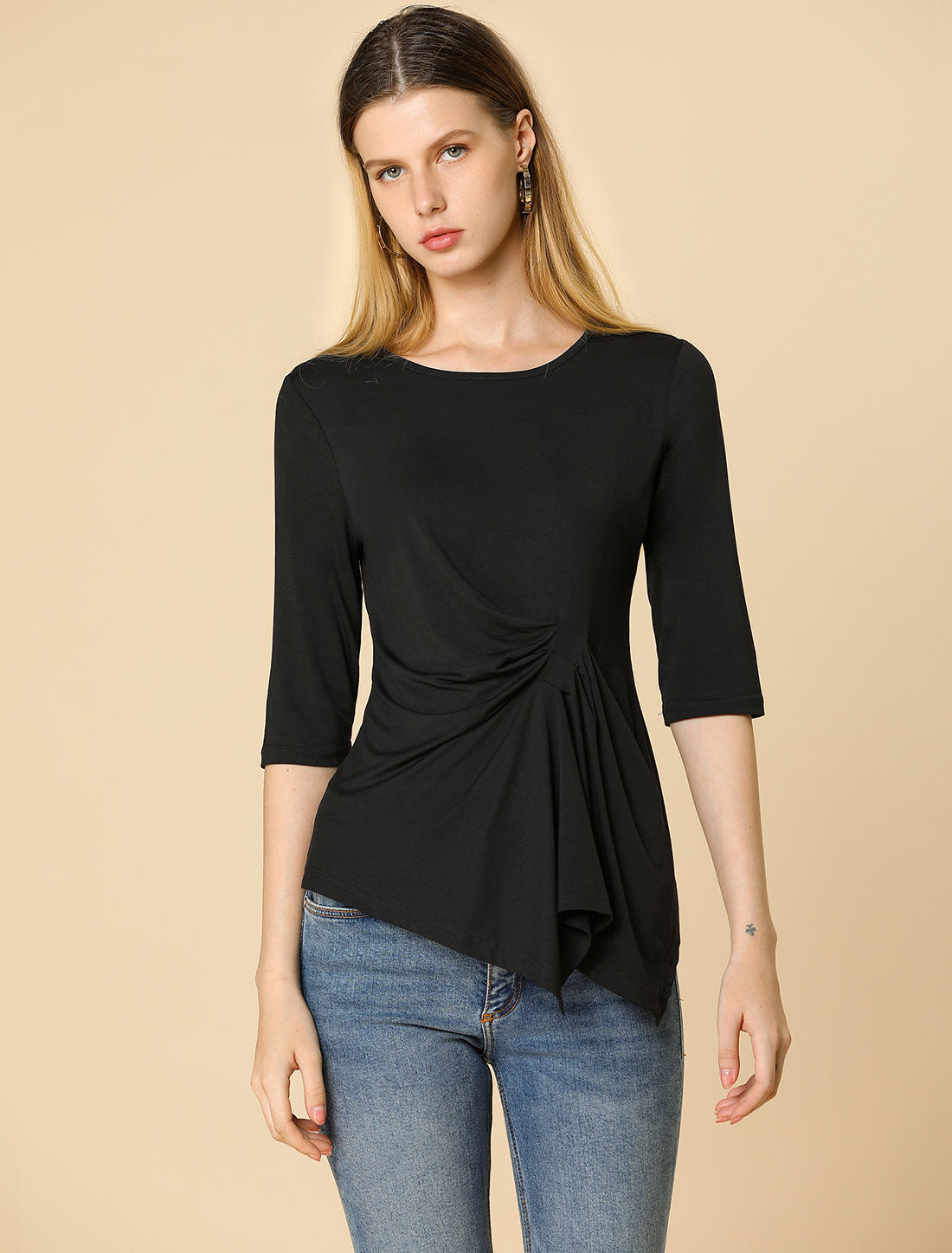 Women's Asymmetrical Round Neck Half Sleeve Fitted Ruched Top