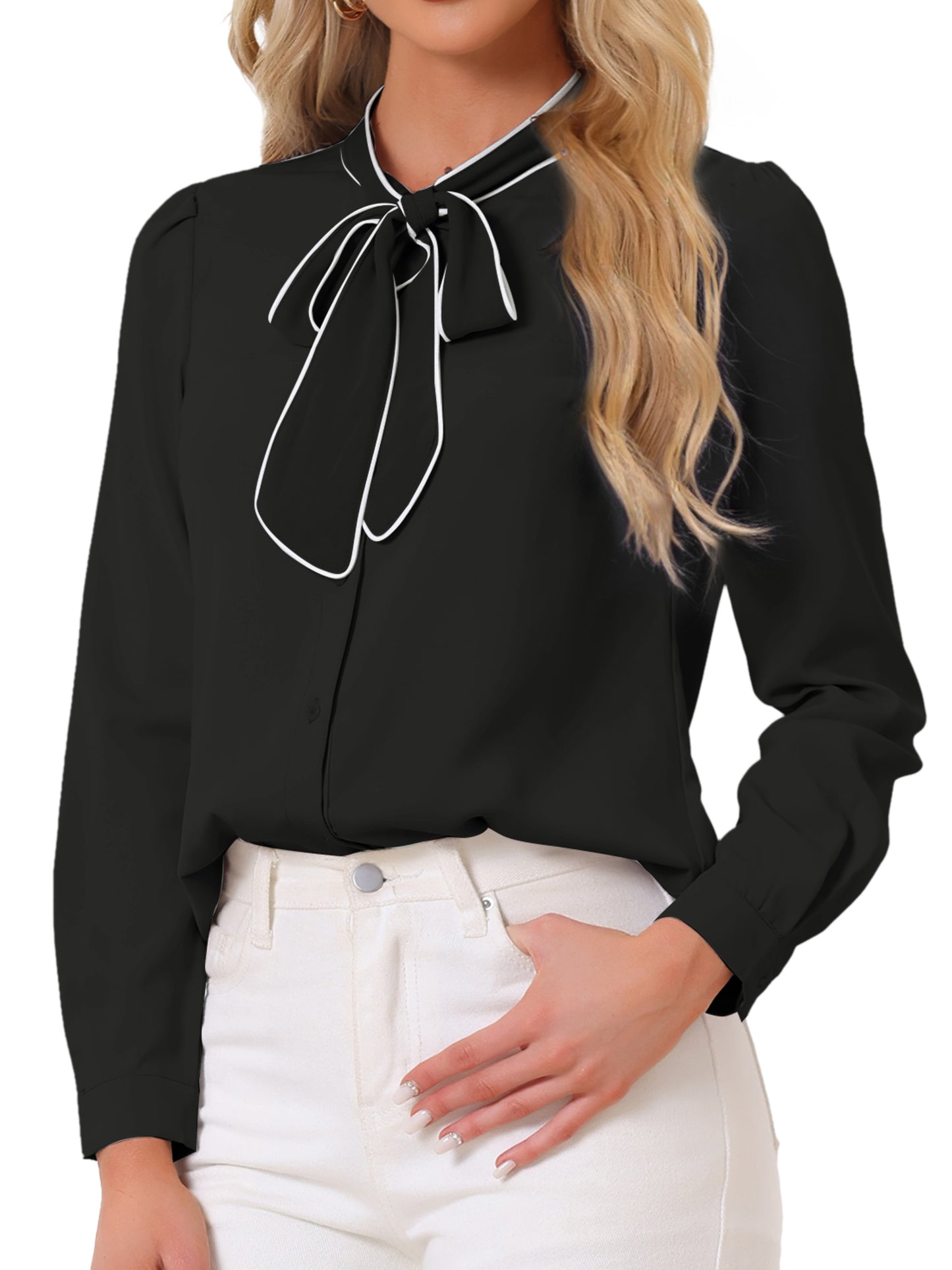 Women's Long Sleeve Bow Tie Button Down Business Casual Blouse Shirt (Available in Plus Size)