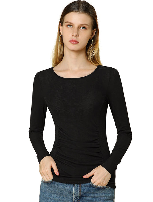 Women's Round Neck Long Sleeve Solid Fitted Ruched Top