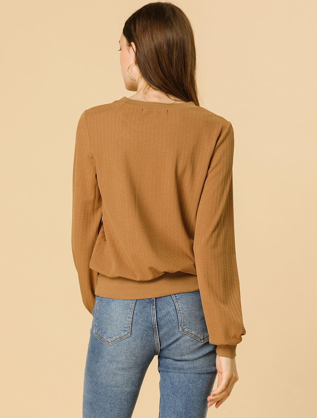 Suéter tipo jersey acanalado con cuello redondo y mangas farol para mujer