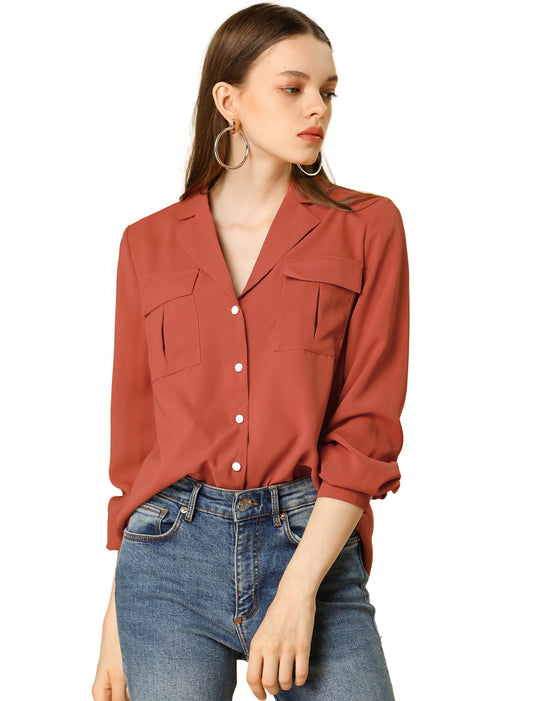 Women's Solid Color Button Down Notch Lapel Collar Shirt Top