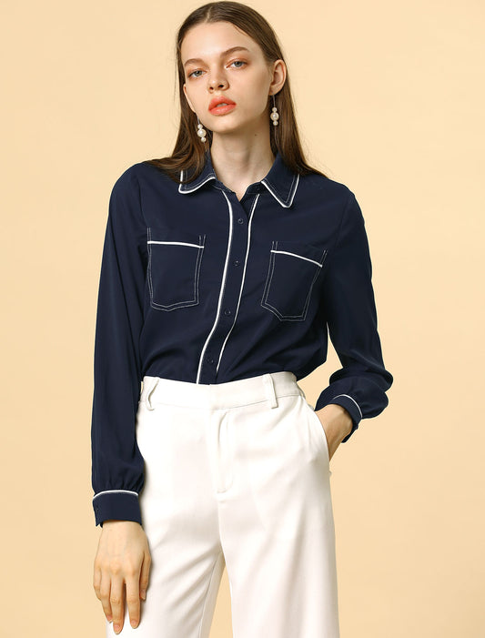 Women's Piped Long Sleeve Pockets Office Button Down Shirt