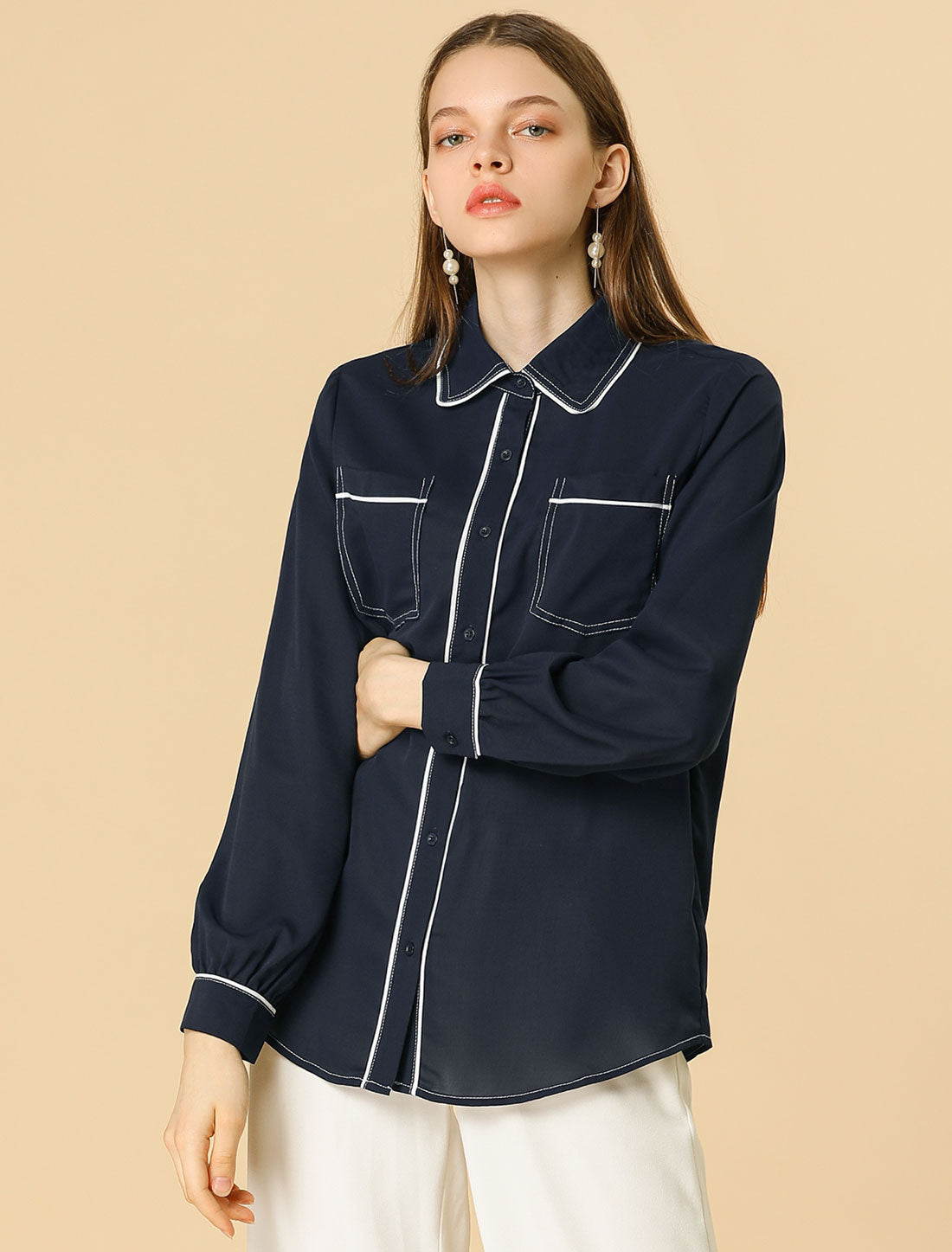 Women's Piped Long Sleeve Pockets Office Button Down Shirt