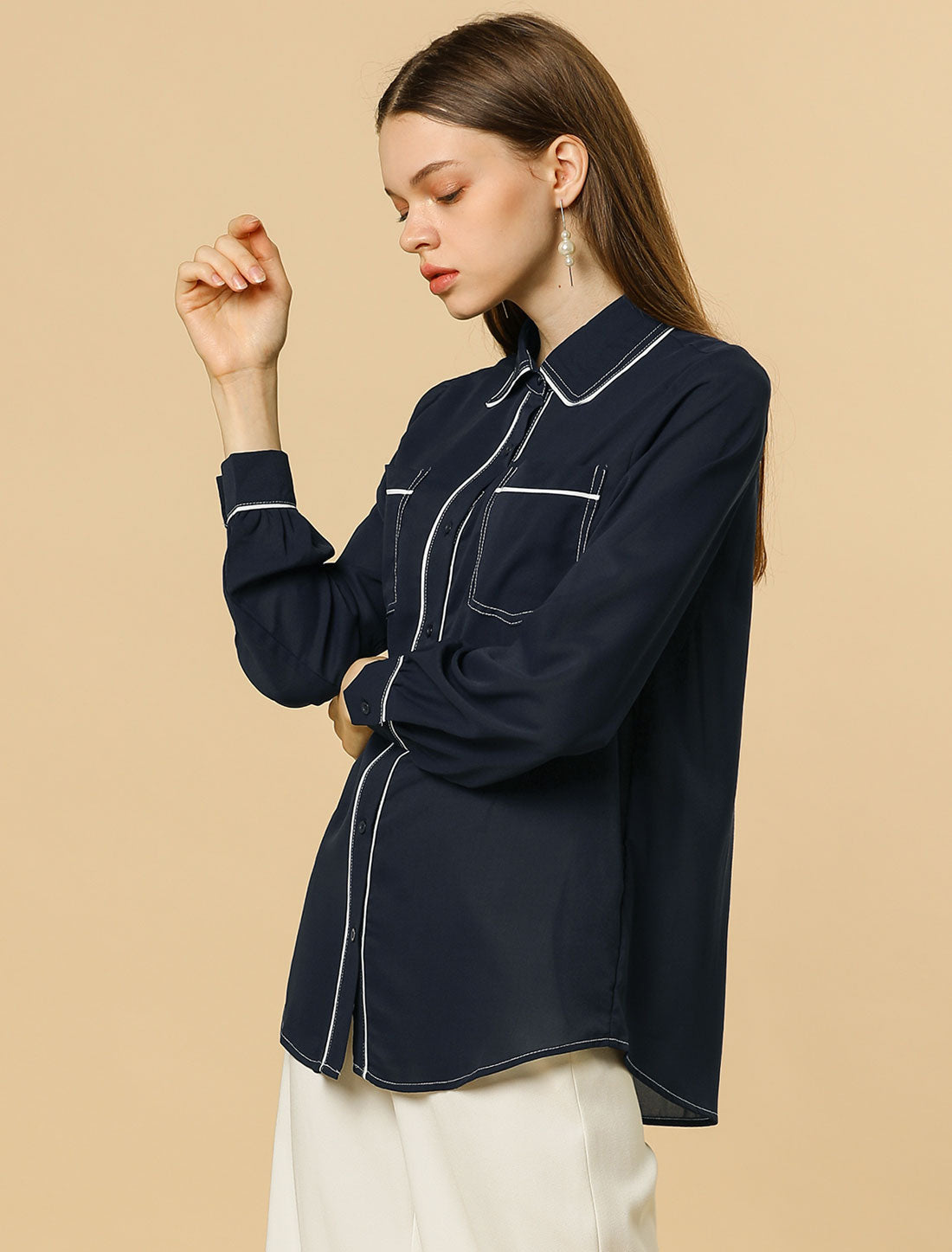 Women's Piped Long Sleeve Pockets Office Button Down Shirt