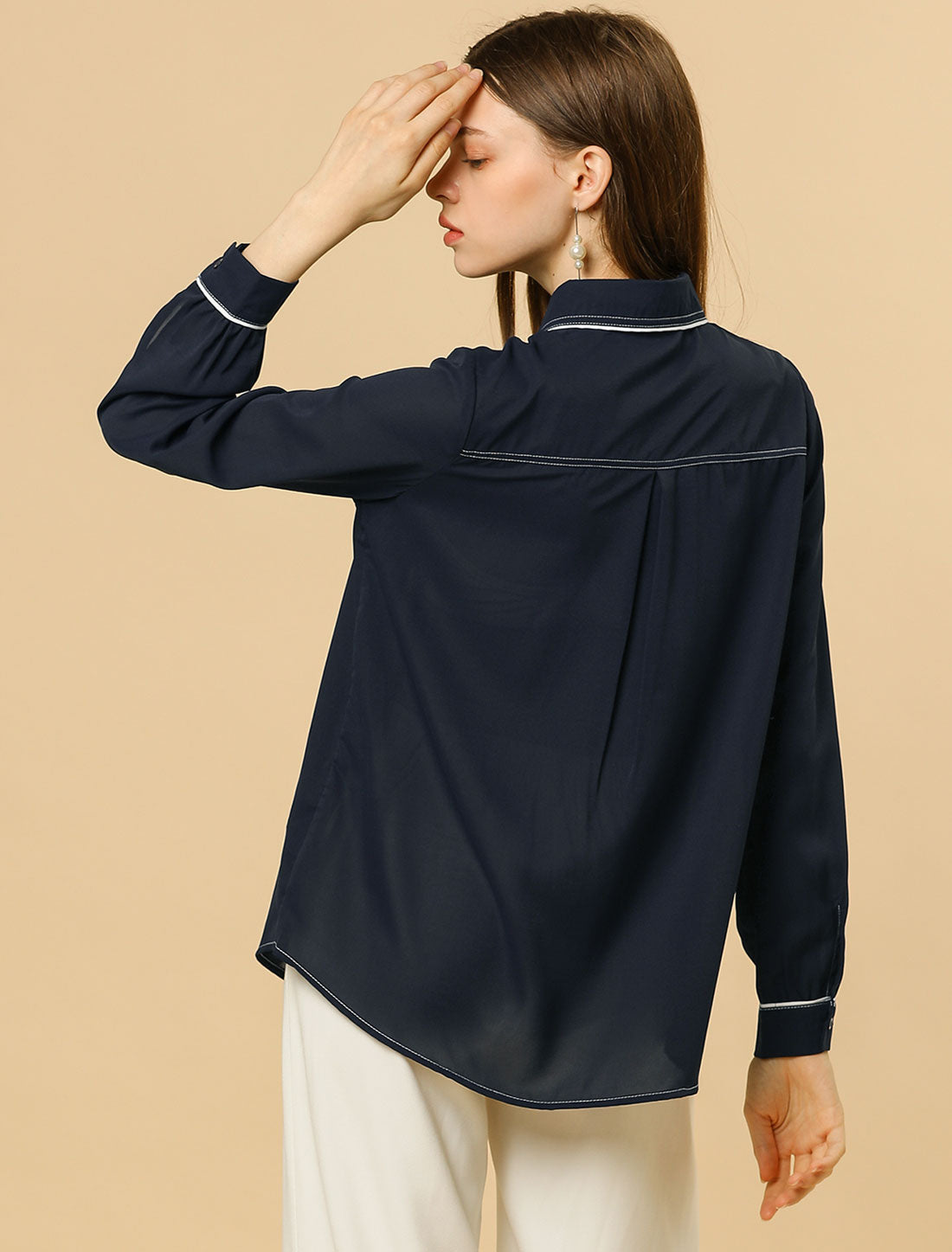 Women's Piped Long Sleeve Pockets Office Button Down Shirt