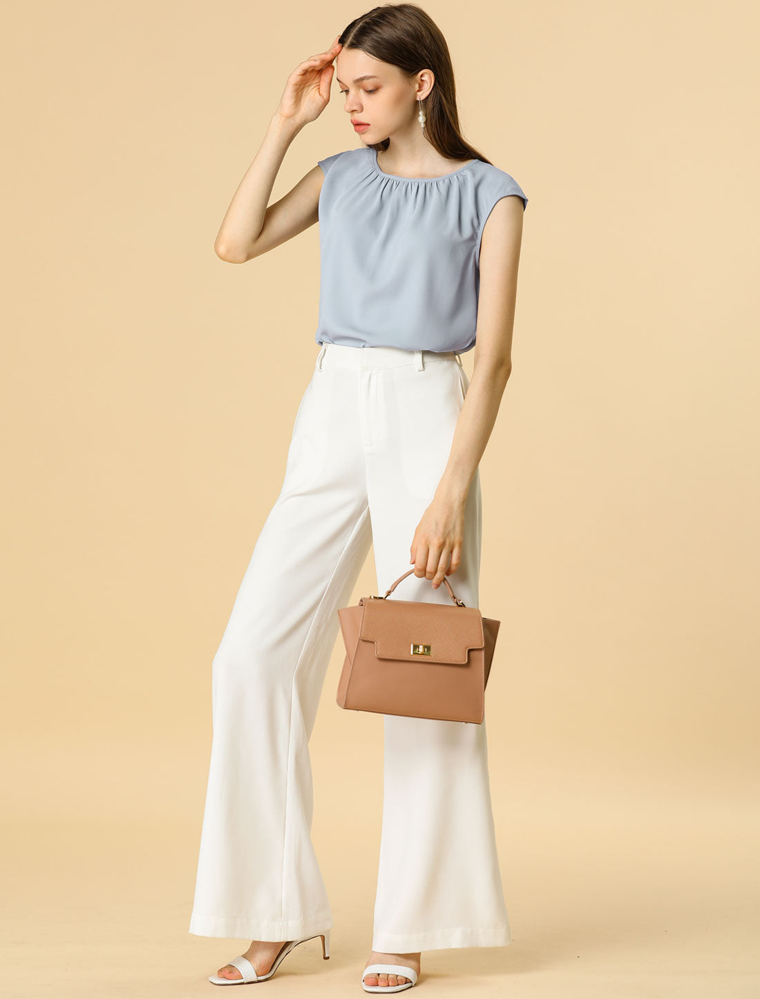 Blusa informal de negocios para mujer, de gasa, plisada, con cuello redondo y mangas cortas