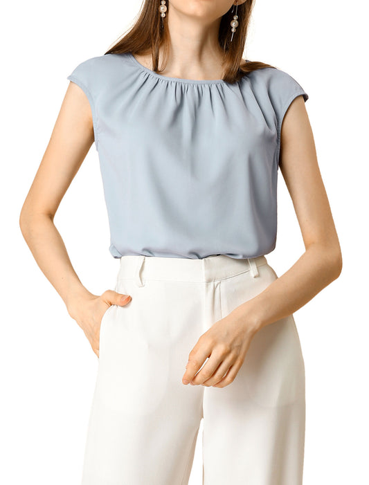 Blusa informal de negocios para mujer, de gasa, plisada, con cuello redondo y mangas cortas