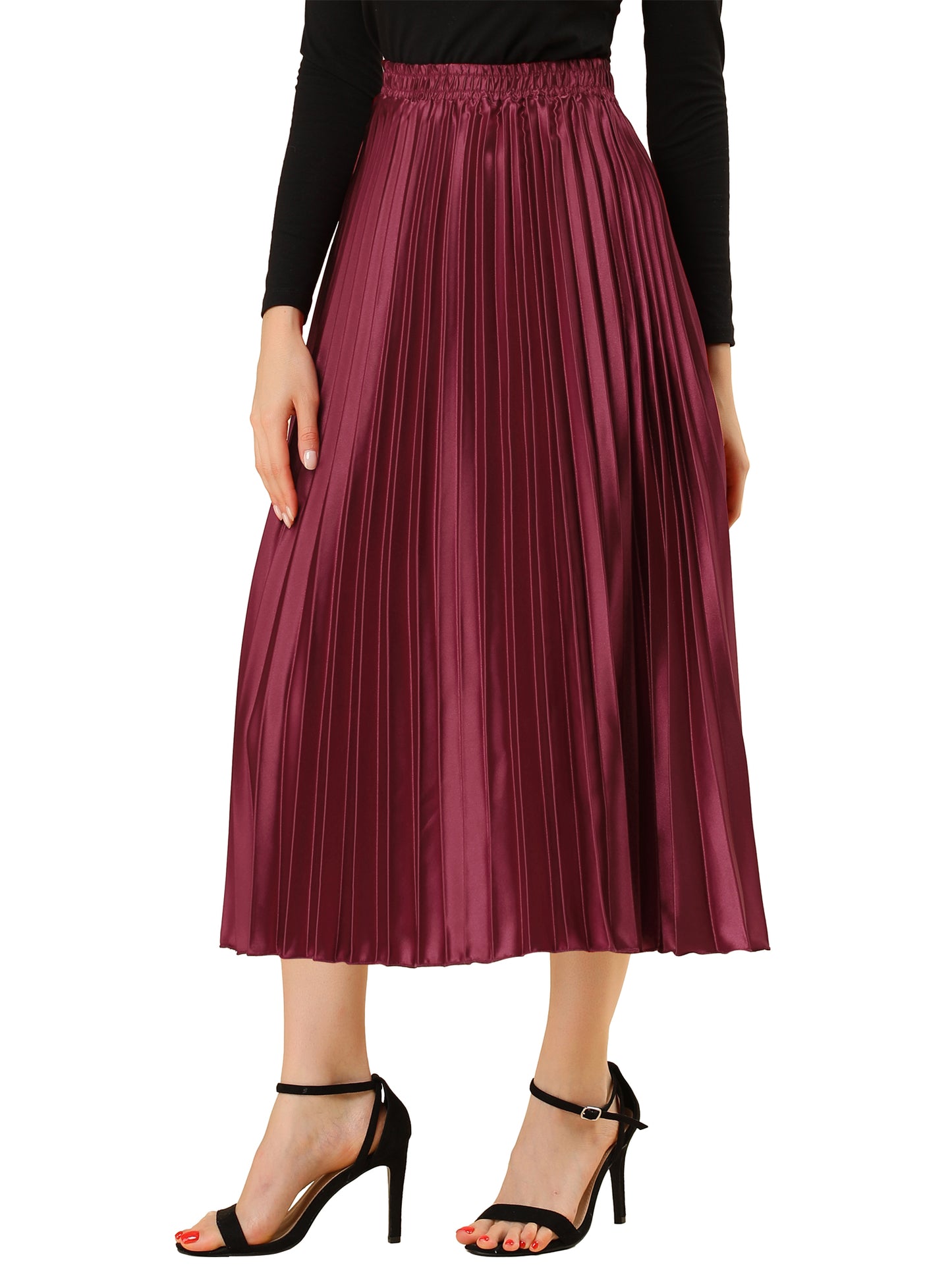 Women's Pleated Elastic Waist Metallic Shiny Accordion Elegant Midi Skirt (Available in Plus Size)