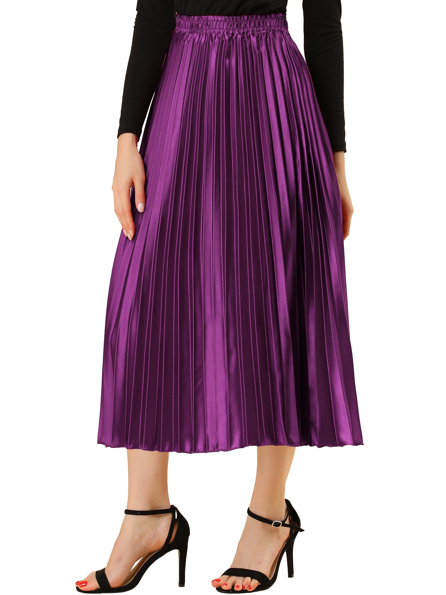 Women's Pleated Elastic Waist Metallic Shiny Accordion Elegant Midi Skirt (Available in Plus Size)