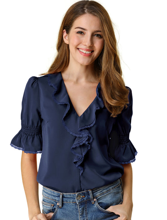 Women's Ruffle V Neck Puff Sleeve Blouse Summer Casual Chiffon Top (Available in Plus Size)
