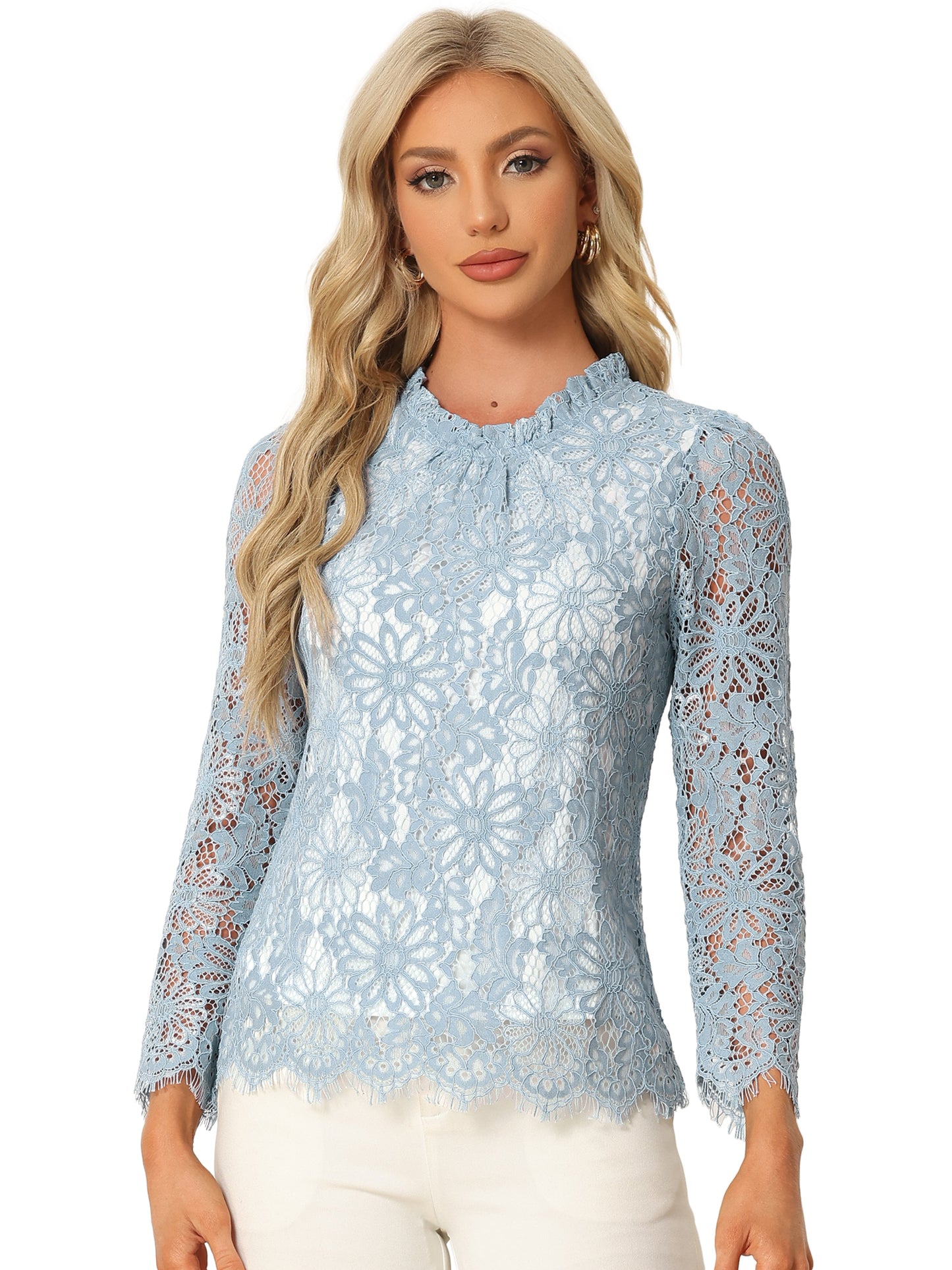 Women's Long Sleeve Lace Top Dressy Elegant Peplum Blouse Shirt (Available in Plus Size)