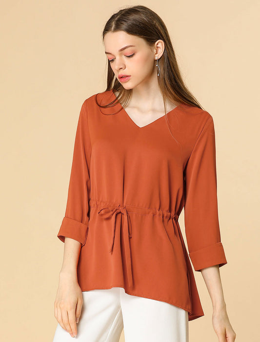 Women's Elegant 3/4 Sleeves V Neck Drawstring Tie Waist Blouse Top