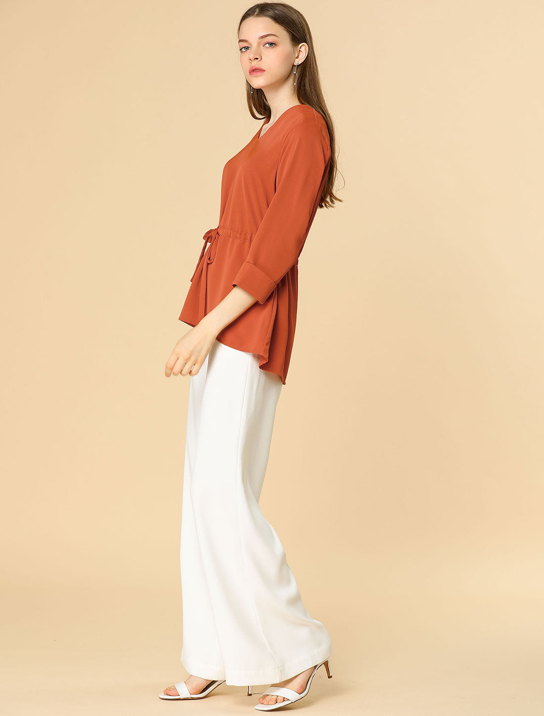 Women's Elegant 3/4 Sleeves V Neck Drawstring Tie Waist Blouse Top