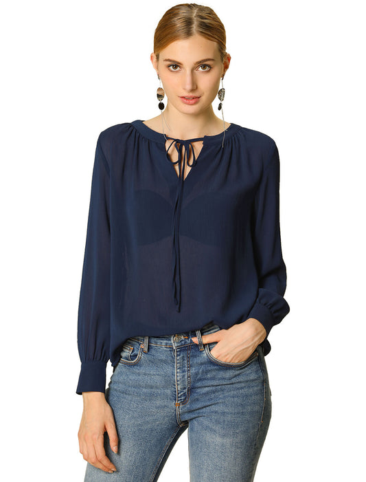 Women's Semi Sheer Blouse Long Sleeve Tie Neck Chiffon Top