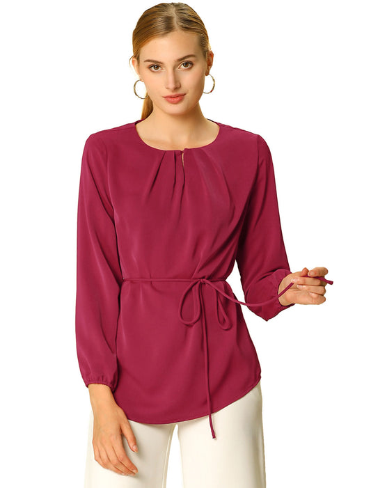 Women's Office Peplum Tops Long Sleeve Round Neck Belted Waist Blouse