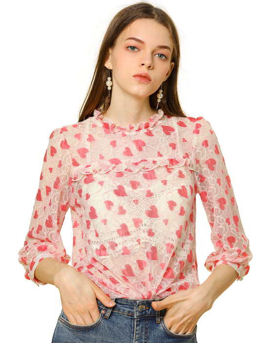 Women's 3/4 Sleeves Ruffle Mock Neck Sheer Lace Top