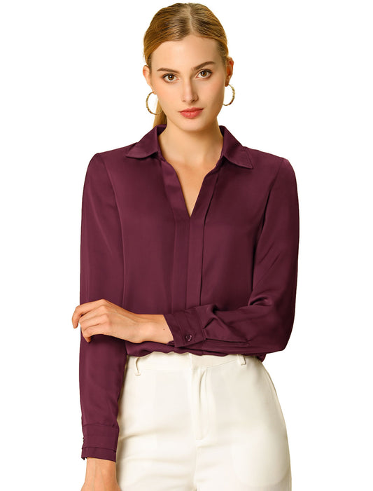 Women's Elegant V Neck Satin Long Sleeve Dressy Business Shirt Work Top (Available in Plus Size)