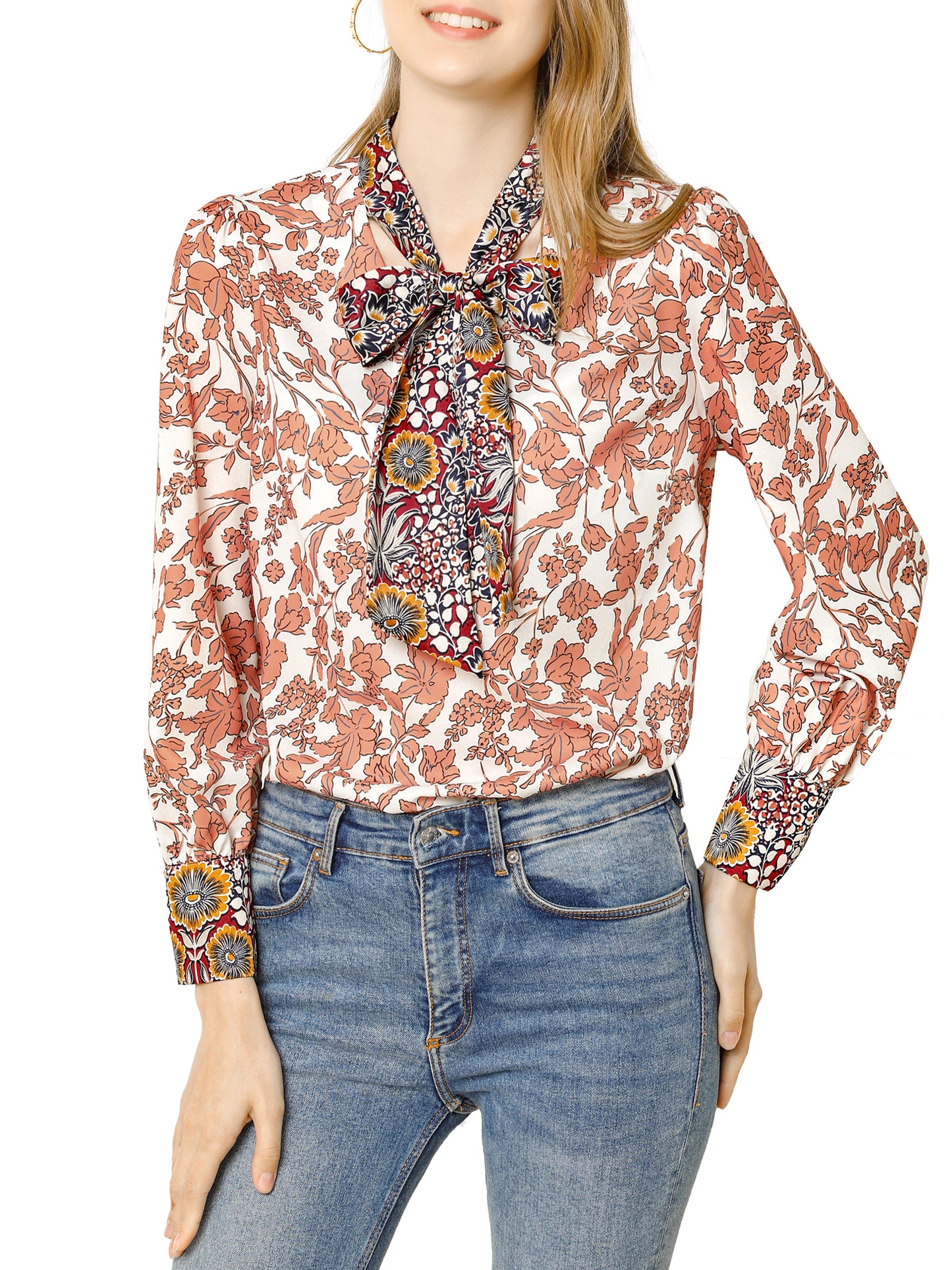 Blusa floral de manga larga con lazo para mujer