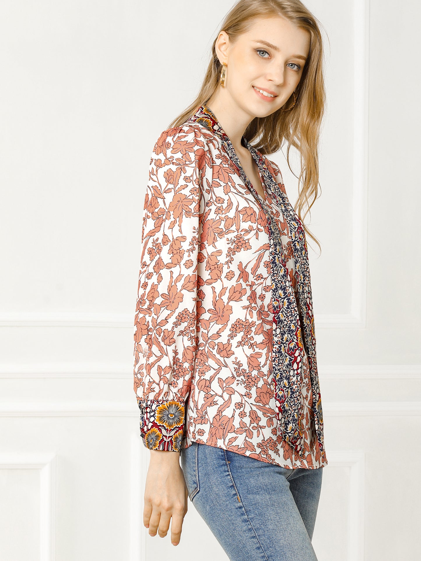 Blusa floral de manga larga con lazo para mujer