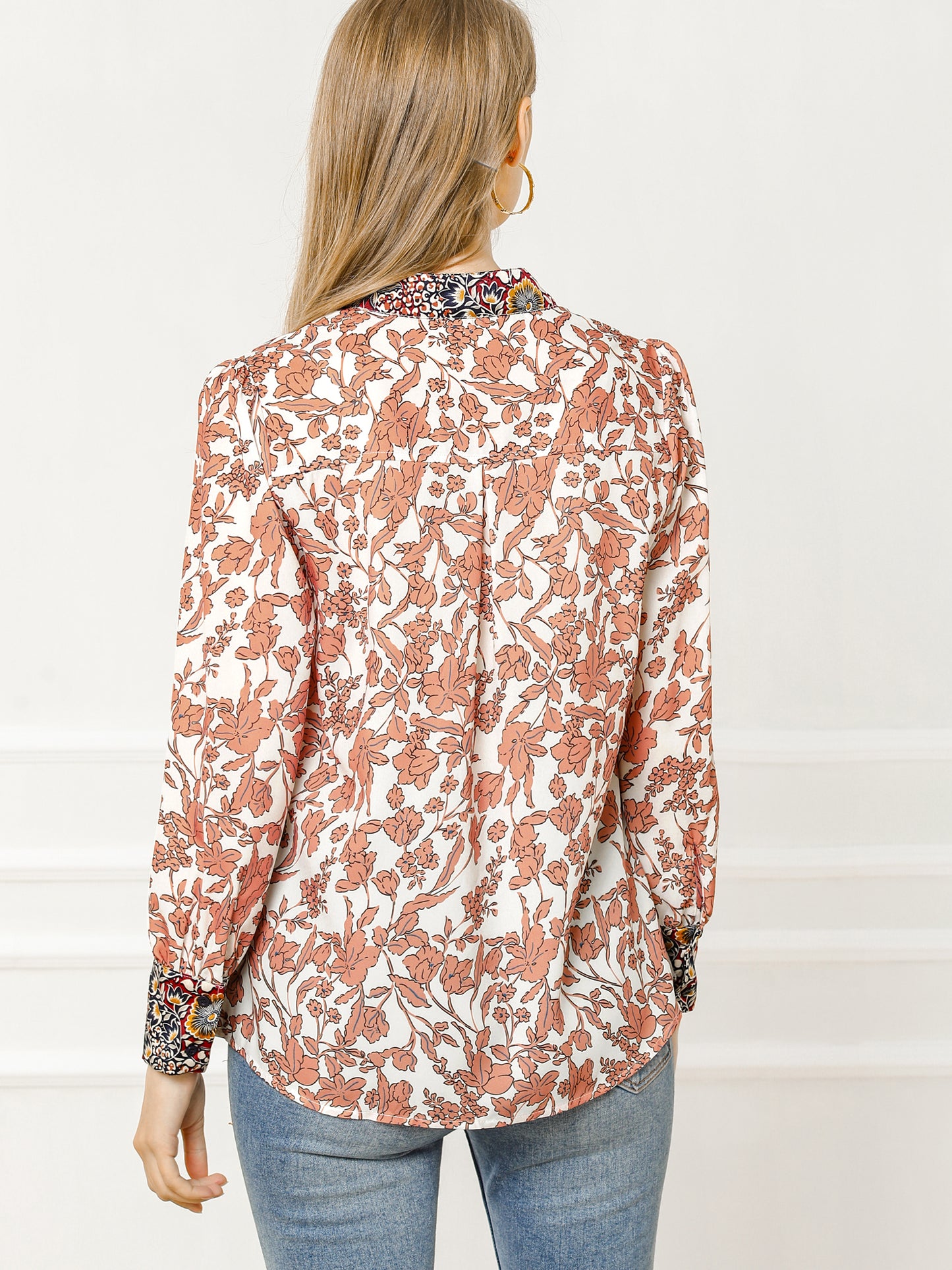 Blusa floral de manga larga con lazo para mujer